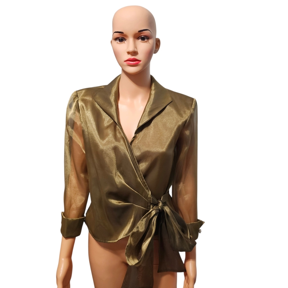 Vintage Lori Max New York Metallic Gold Sheer Sleeve Wrap Dressy Blouse Sz S